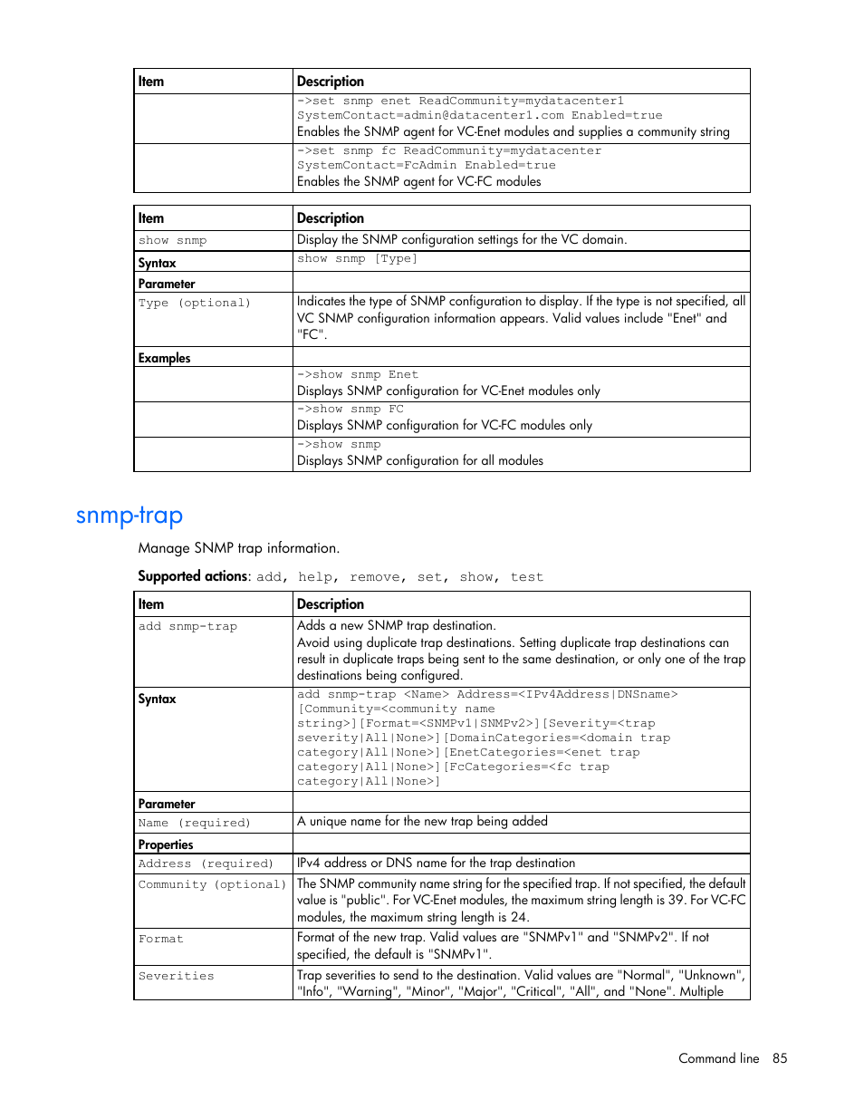 Snmp-trap | HP Virtual Connect 8Gb 24-port Fibre Channel Module for c-Class BladeSystem User Manual | Page 85 / 162