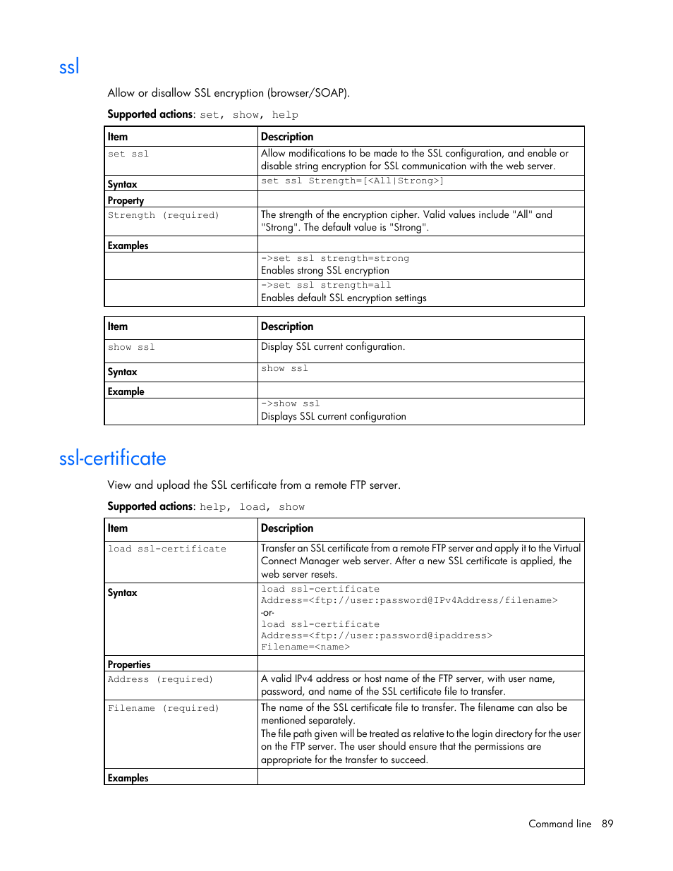 Ssl-certificate | HP Virtual Connect 8Gb 24-port Fibre Channel Module for c-Class BladeSystem User Manual | Page 89 / 162
