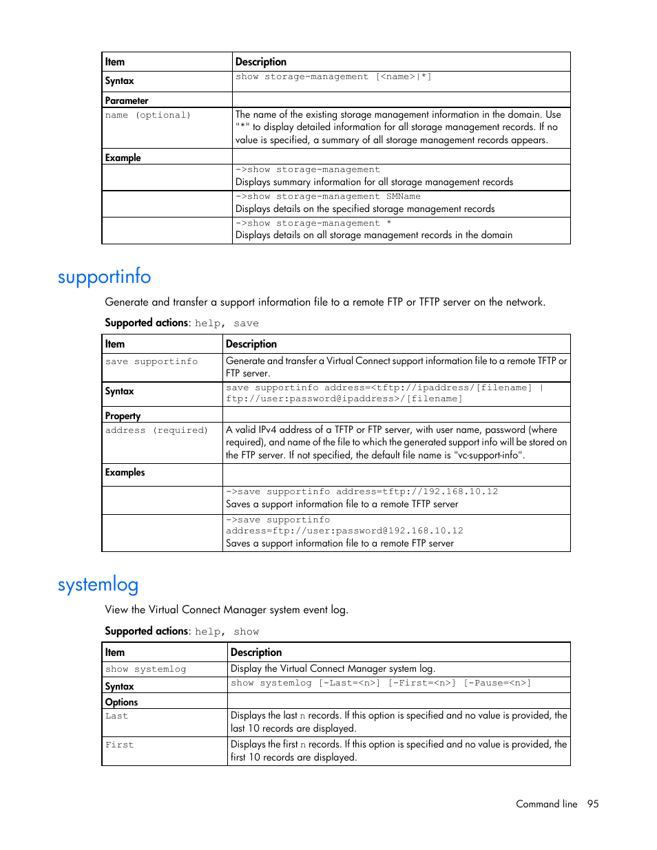 Supportinfo, Systemlog | HP Virtual Connect 8Gb 24-port Fibre Channel Module for c-Class BladeSystem User Manual | Page 95 / 162