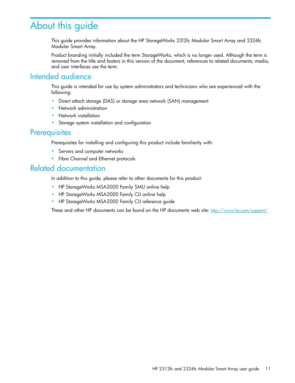 About this guide, Intended audience, Prerequisites | Related documentation | HP StorageWorks 2000fc G2 Modular Smart Array User Manual | Page 11 / 76