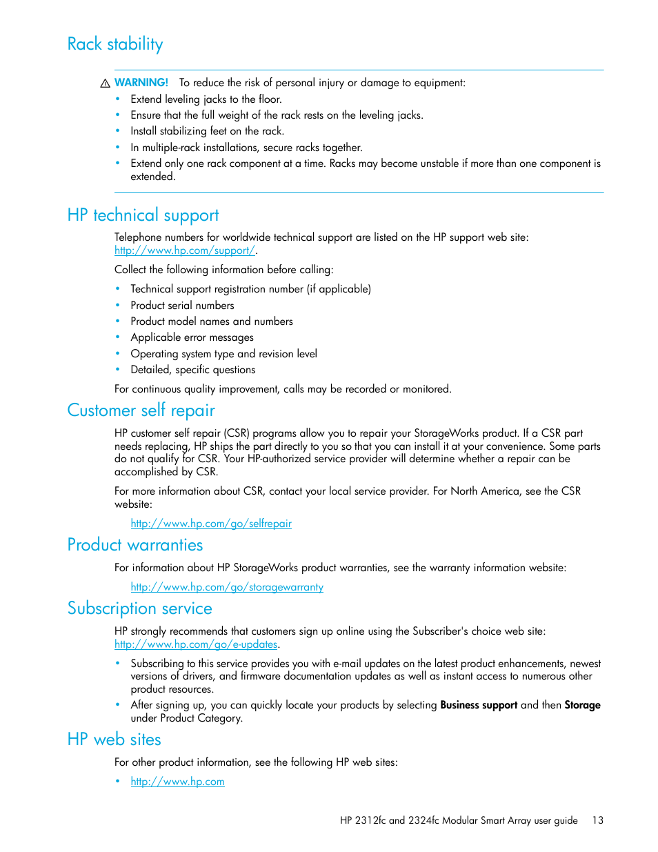 Rack stability, Hp technical support, Customer self repair | Product warranties, Subscription service, Hp web sites | HP StorageWorks 2000fc G2 Modular Smart Array User Manual | Page 13 / 76