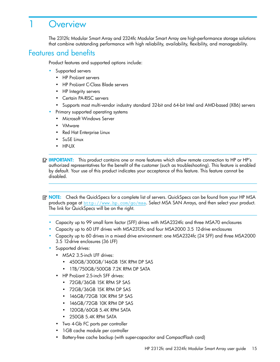 Overview, Features and benefits, 1 overview | 1overview | HP StorageWorks 2000fc G2 Modular Smart Array User Manual | Page 15 / 76