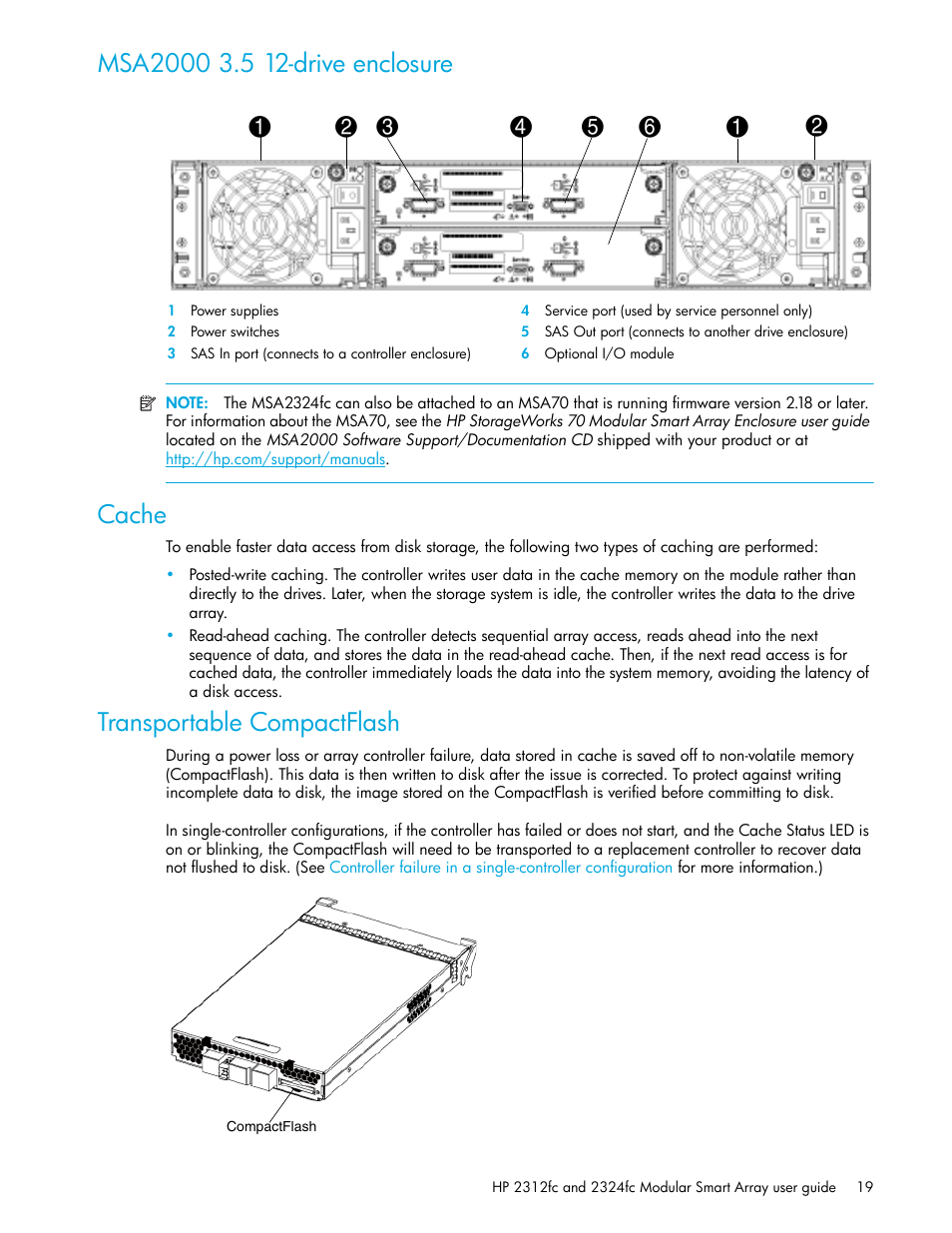 Msa2000 3.5 12-drive enclosure, Cache, Transportable compactflash | HP StorageWorks 2000fc G2 Modular Smart Array User Manual | Page 19 / 76