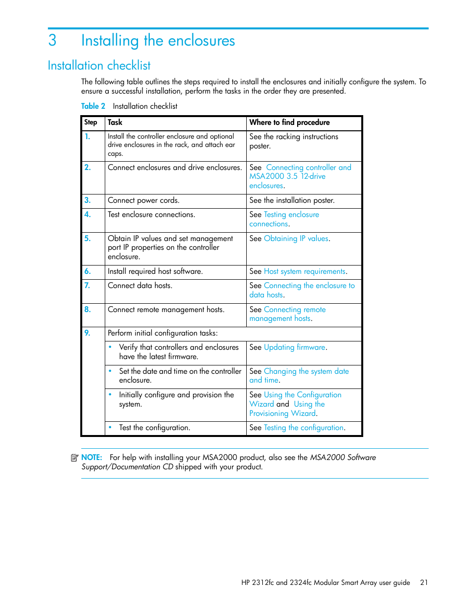 Installing the enclosures, Installation checklist, 3 installing the enclosures | 2 installation checklist, 3installing the enclosures | HP StorageWorks 2000fc G2 Modular Smart Array User Manual | Page 21 / 76