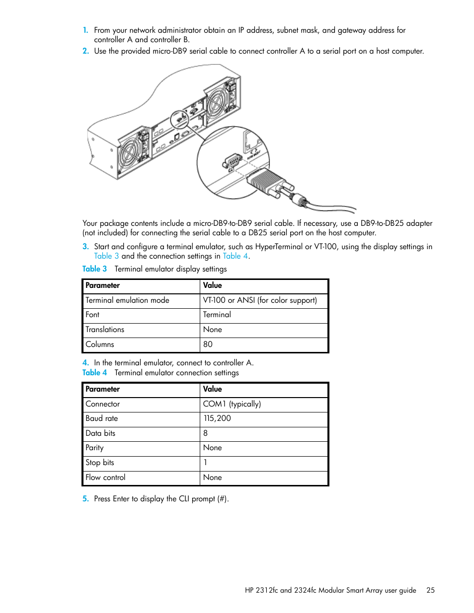 3 terminal emulator display settings, 4 terminal emulator connection settings | HP StorageWorks 2000fc G2 Modular Smart Array User Manual | Page 25 / 76
