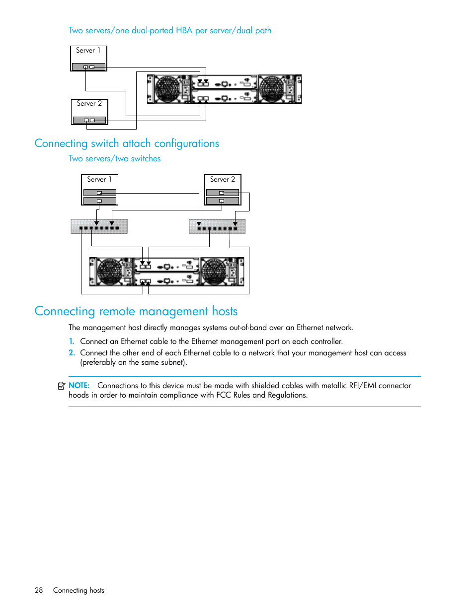 Connecting switch attach configurations, Connecting remote management hosts, Two servers/two switches | Connecting remote, Management hosts | HP StorageWorks 2000fc G2 Modular Smart Array User Manual | Page 28 / 76