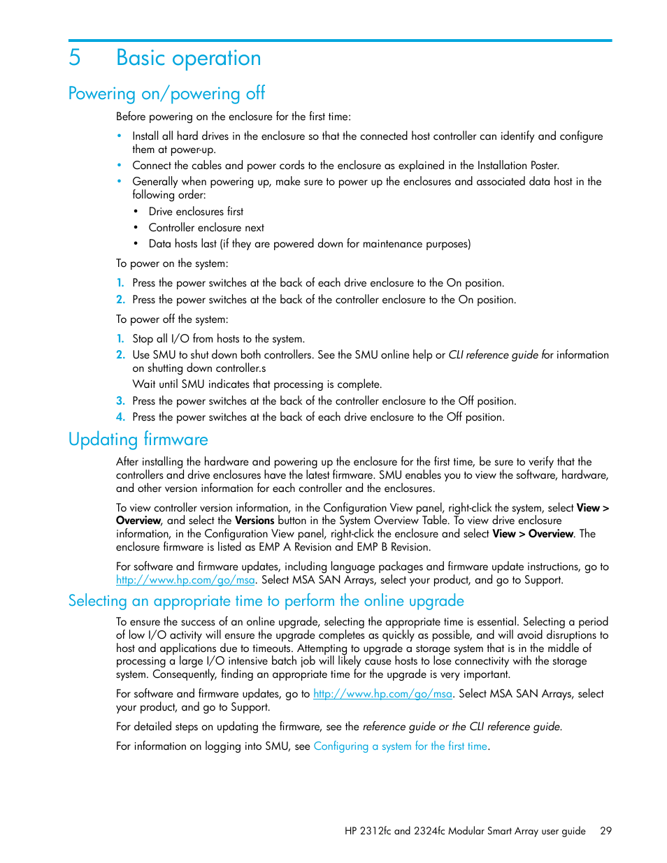 Basic operation, Powering on/powering off, Updating firmware | 5 basic operation, 5basic operation | HP StorageWorks 2000fc G2 Modular Smart Array User Manual | Page 29 / 76