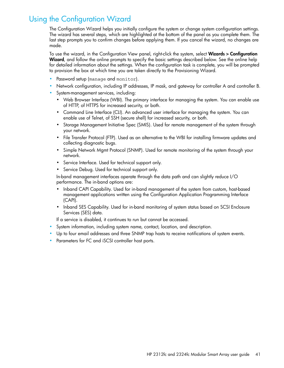 Using the configuration wizard, Using the configuration, Wizard | HP StorageWorks 2000fc G2 Modular Smart Array User Manual | Page 41 / 76