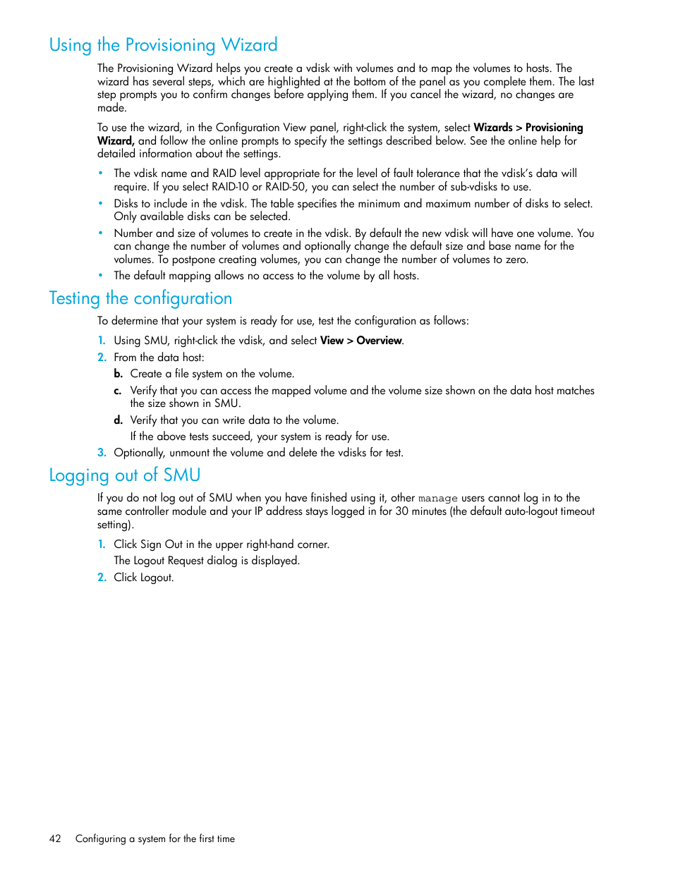 Using the provisioning wizard, Testing the configuration, Logging out of smu | Using the, Provisioning wizard | HP StorageWorks 2000fc G2 Modular Smart Array User Manual | Page 42 / 76