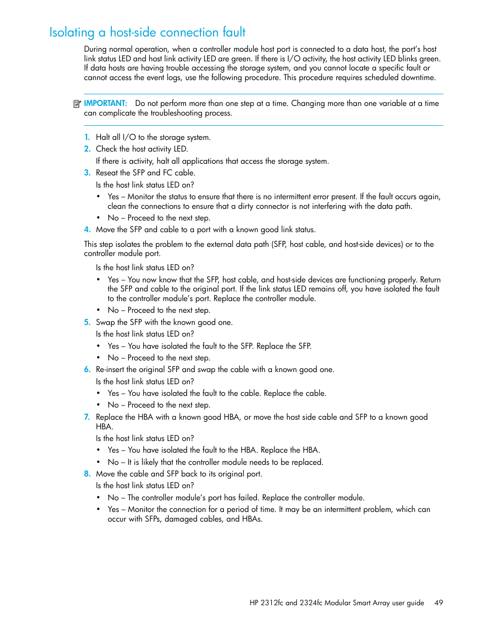 Isolating a host-side connection fault | HP StorageWorks 2000fc G2 Modular Smart Array User Manual | Page 49 / 76