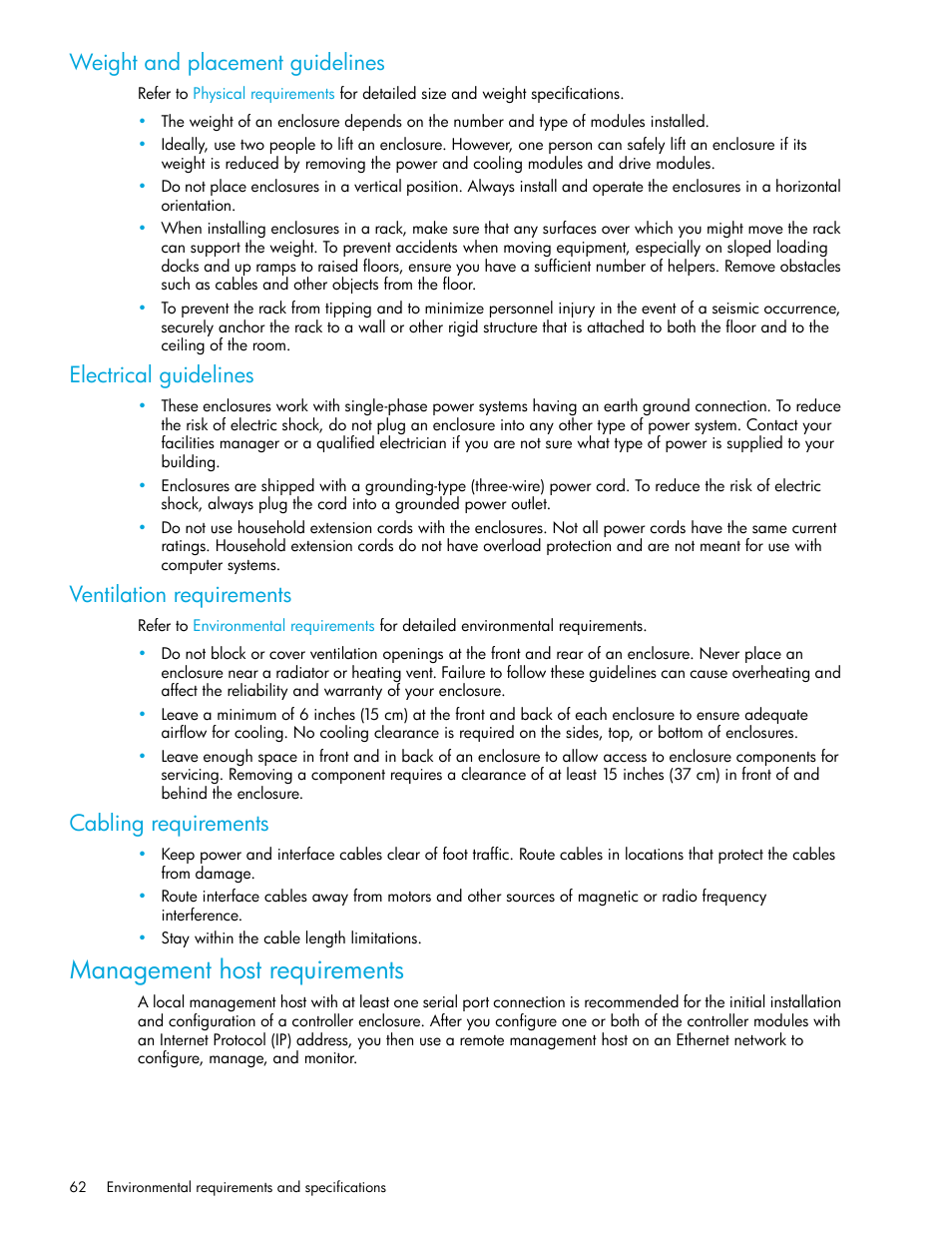 Weight and placement guidelines, Electrical guidelines, Ventilation requirements | Cabling requirements, Management host requirements | HP StorageWorks 2000fc G2 Modular Smart Array User Manual | Page 62 / 76