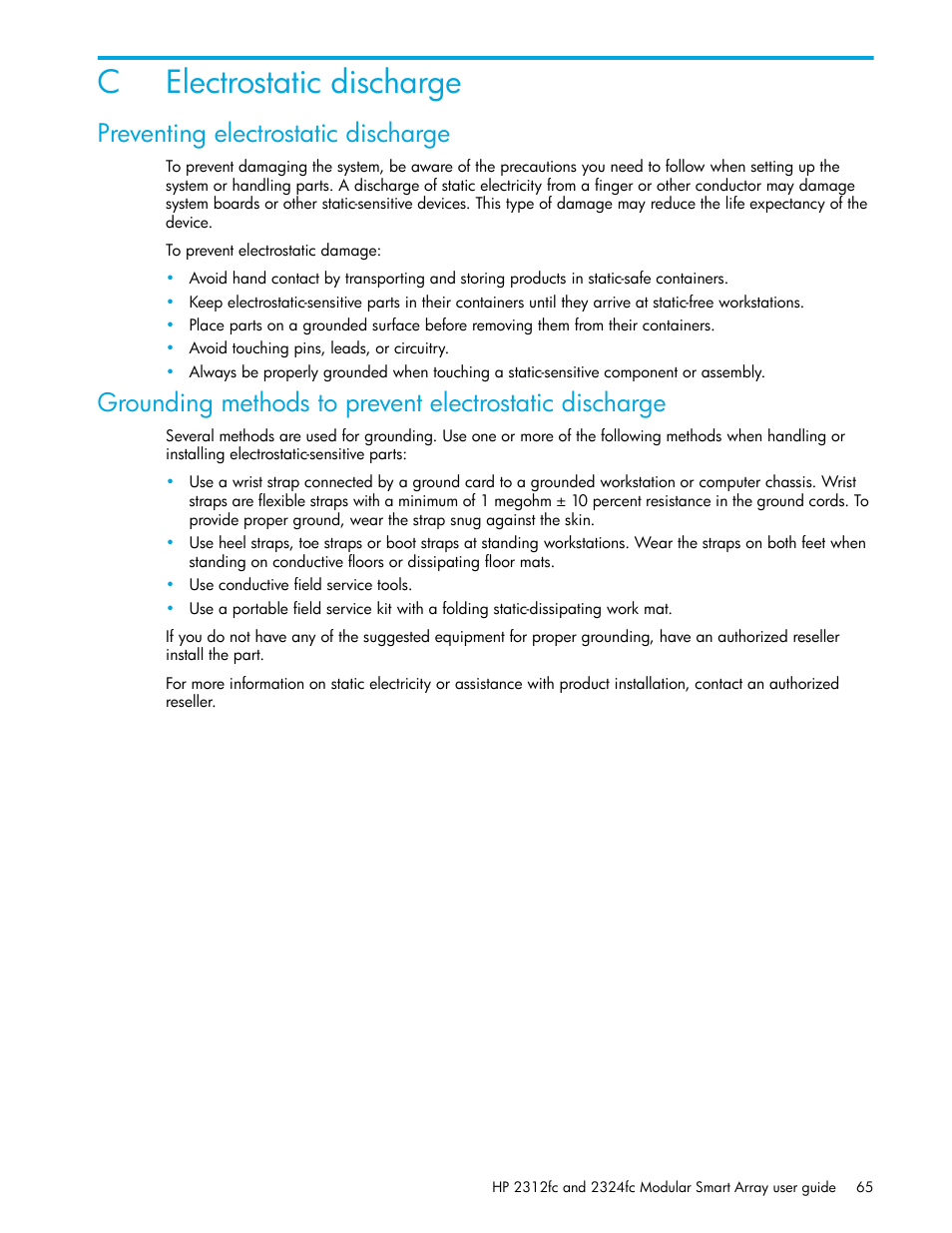 Electrostatic discharge, Preventing electrostatic discharge, C electrostatic discharge | Celectrostatic discharge | HP StorageWorks 2000fc G2 Modular Smart Array User Manual | Page 65 / 76