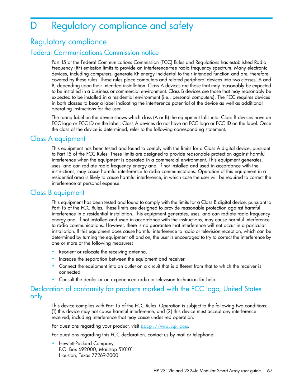 Regulatory compliance and safety, Regulatory compliance, Federal communications commission notice | Class a equipment, Class b equipment, D regulatory compliance and safety, Dregulatory compliance and safety | HP StorageWorks 2000fc G2 Modular Smart Array User Manual | Page 67 / 76