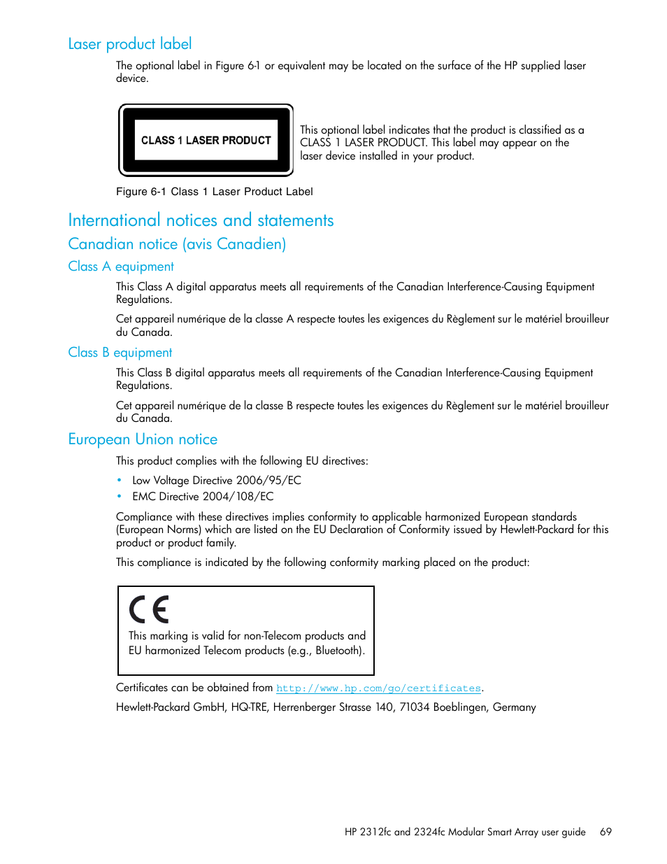 Laser product label, International notices and statements, Canadian notice (avis canadien) | Class a equipment, Class b equipment, European union notice | HP StorageWorks 2000fc G2 Modular Smart Array User Manual | Page 69 / 76