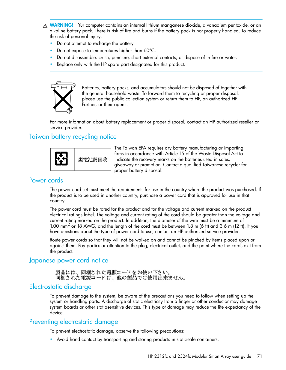 Taiwan battery recycling notice, Power cords, Japanese power cord notice | Electrostatic discharge, Preventing electrostatic damage, Taiwan battery recycling notice power cords, Japanese power cord notice electrostatic discharge | HP StorageWorks 2000fc G2 Modular Smart Array User Manual | Page 71 / 76