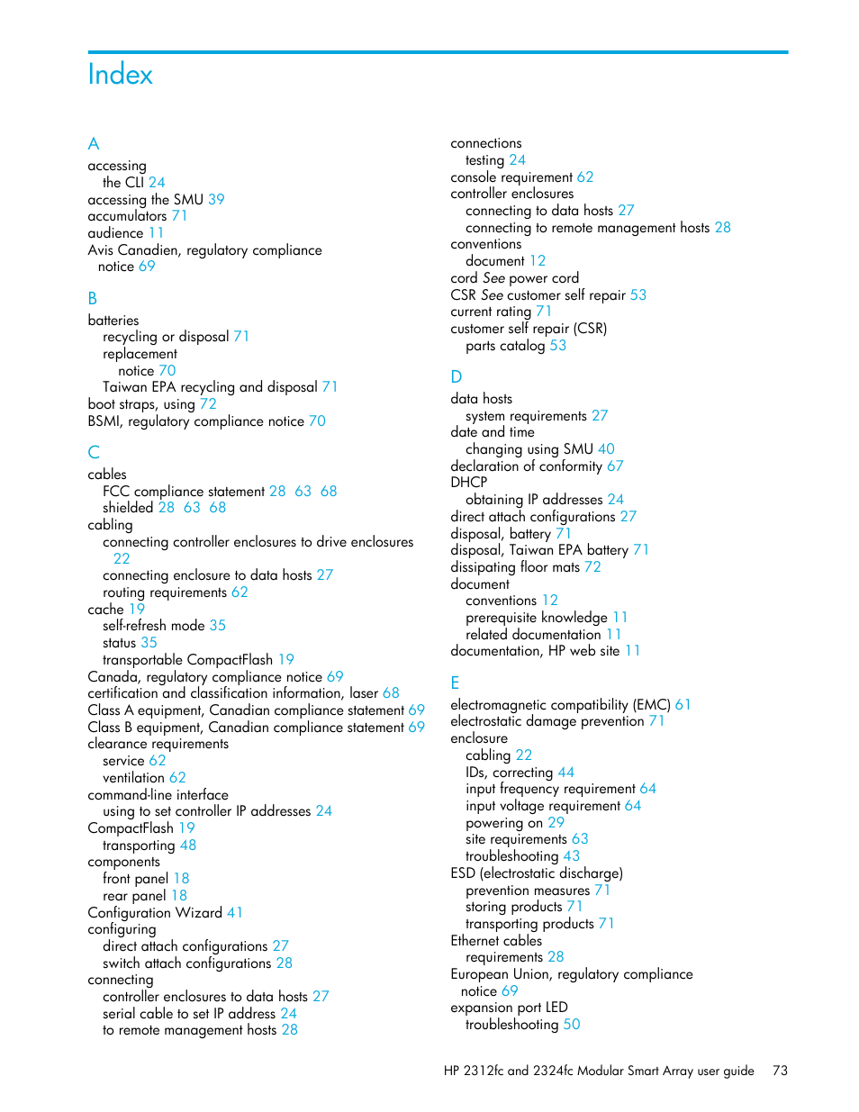 Index | HP StorageWorks 2000fc G2 Modular Smart Array User Manual | Page 73 / 76