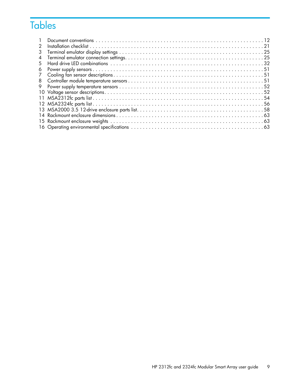 Tables | HP StorageWorks 2000fc G2 Modular Smart Array User Manual | Page 9 / 76