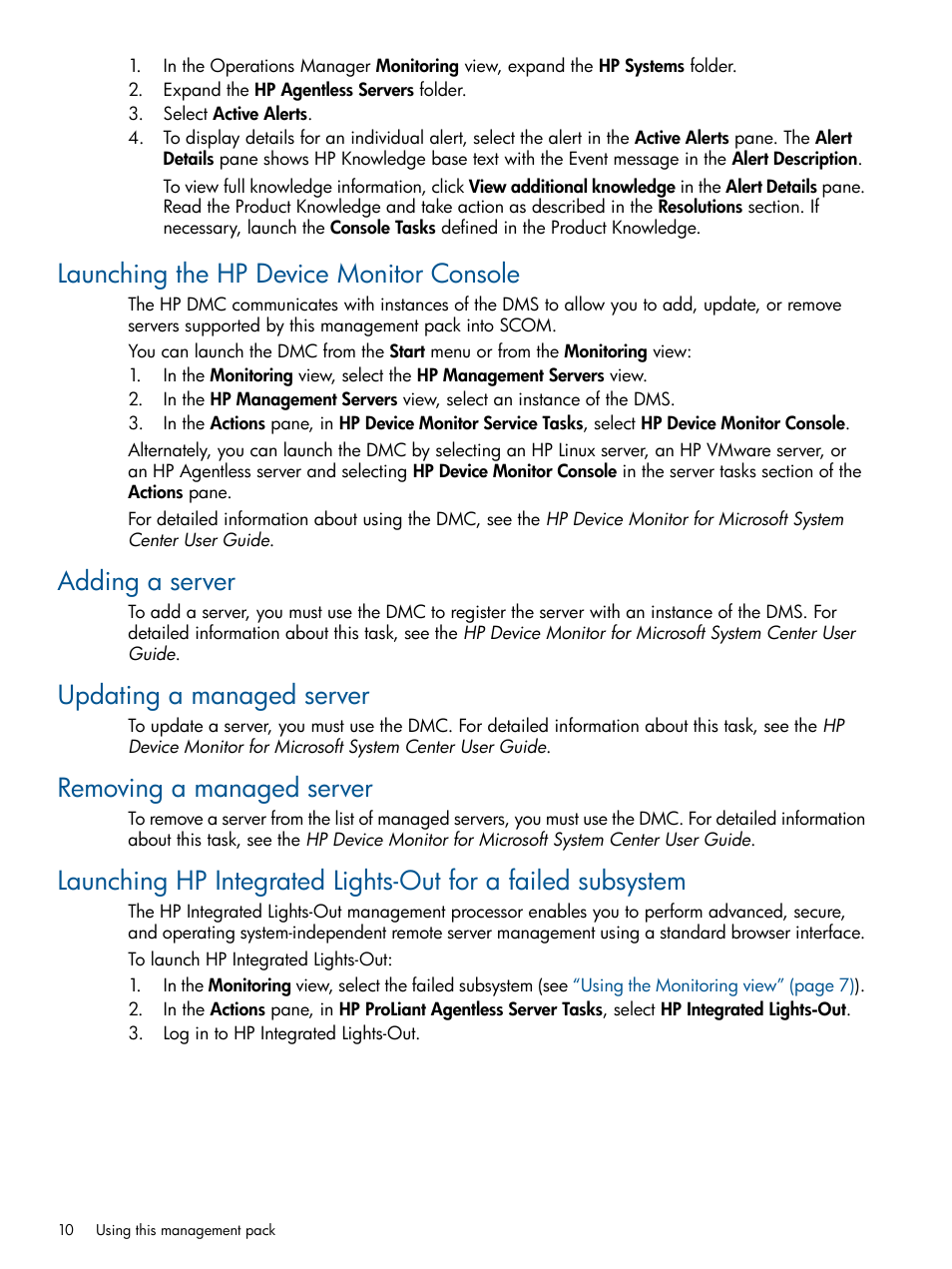 Launching the hp device monitor console, Adding a server, Updating a managed server | Removing a managed server | HP OneView for Microsoft System Center User Manual | Page 10 / 37