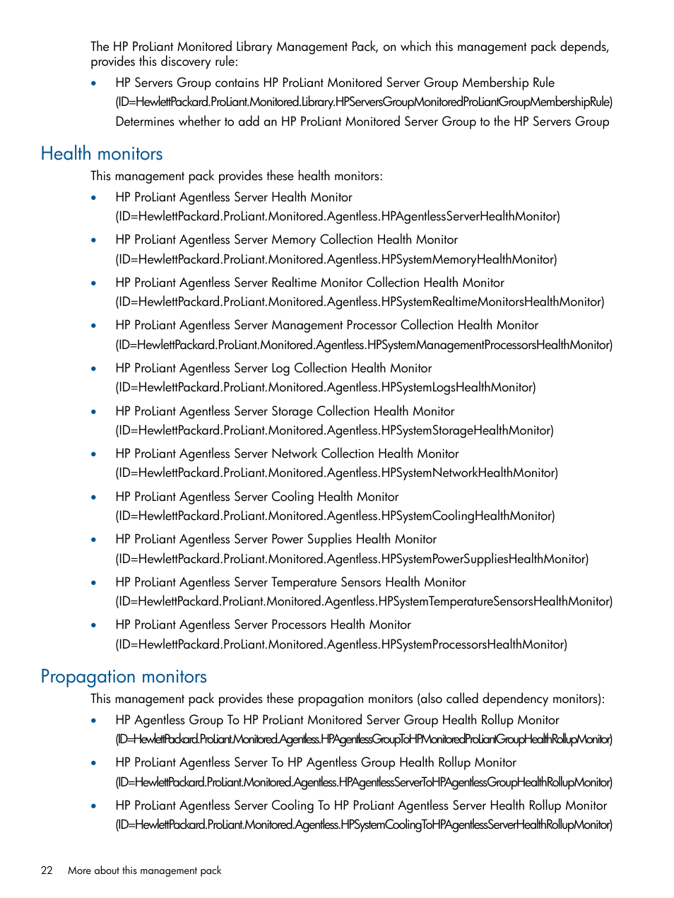 Health monitors, Propagation monitors, Health monitors propagation monitors | HP OneView for Microsoft System Center User Manual | Page 22 / 37