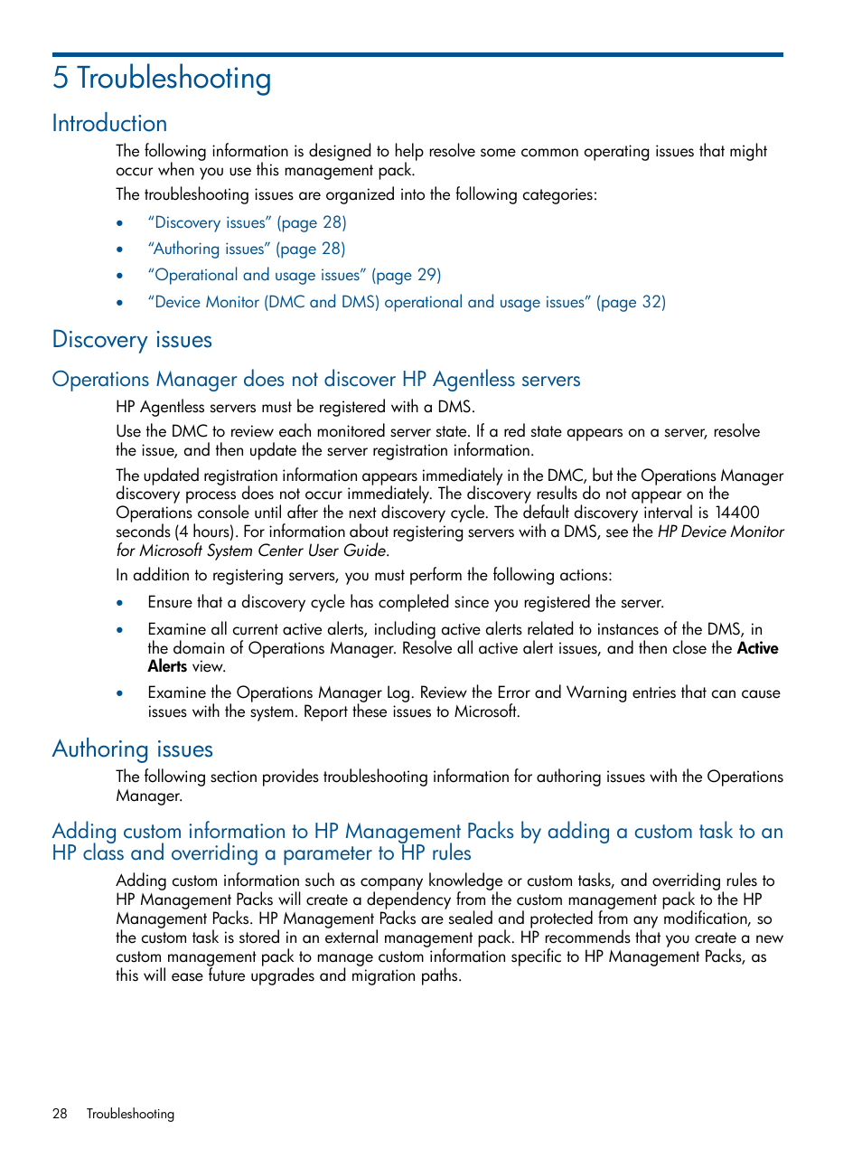 5 troubleshooting, Introduction, Discovery issues | Authoring issues, Introduction discovery issues | HP OneView for Microsoft System Center User Manual | Page 28 / 37