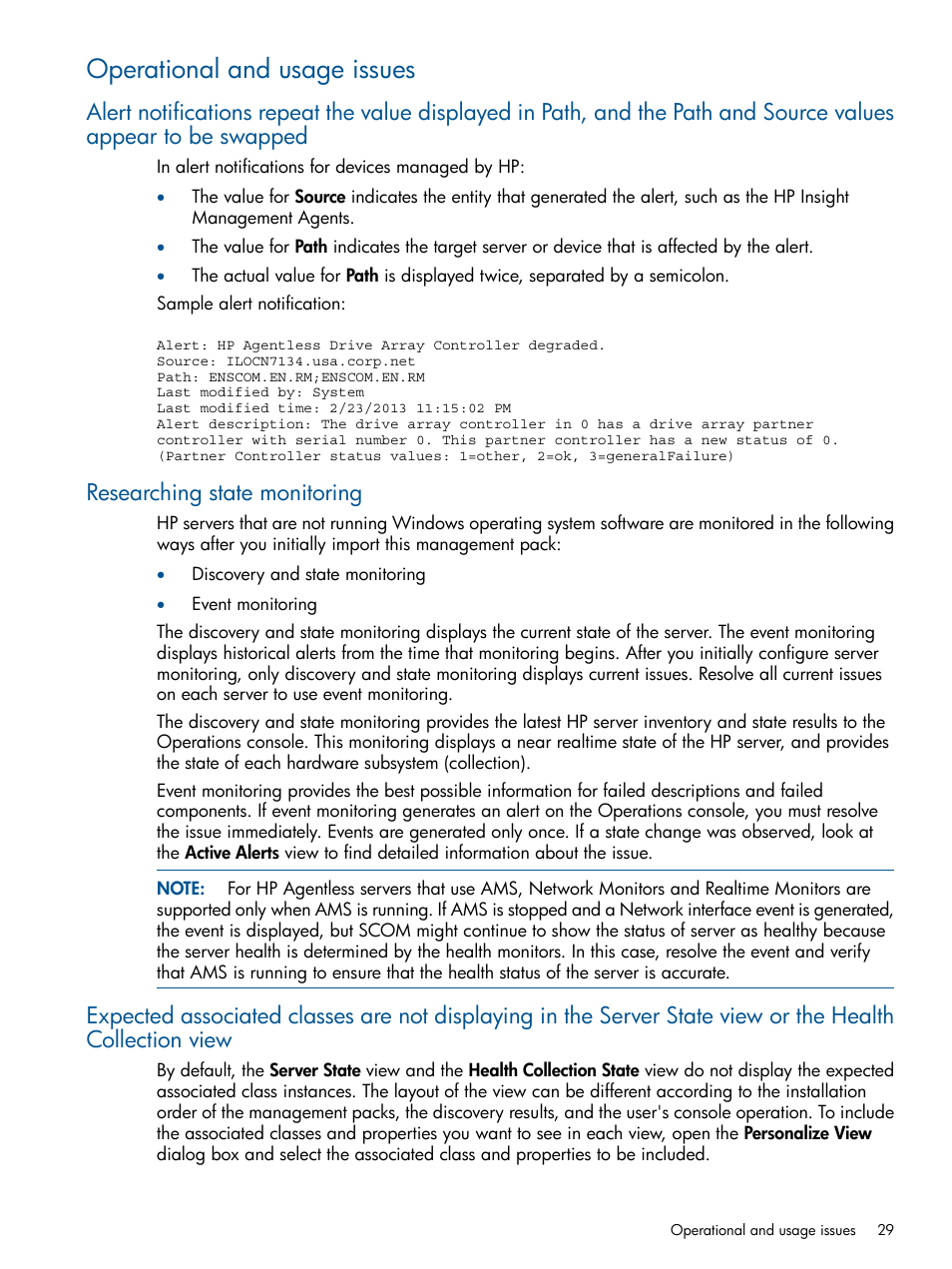 Operational and usage issues, Researching state monitoring | HP OneView for Microsoft System Center User Manual | Page 29 / 37