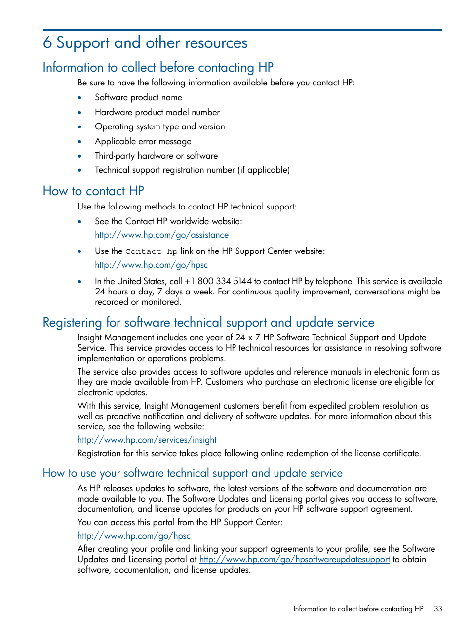 6 support and other resources, Information to collect before contacting hp, How to contact hp | HP OneView for Microsoft System Center User Manual | Page 33 / 37