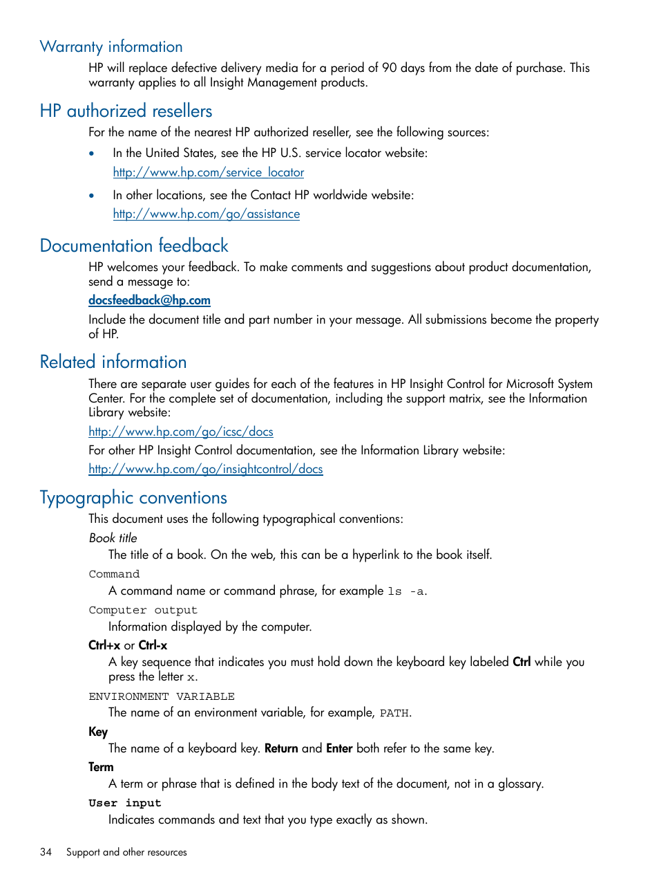 Warranty information, Hp authorized resellers, Documentation feedback | Related information, Typographic conventions | HP OneView for Microsoft System Center User Manual | Page 34 / 37