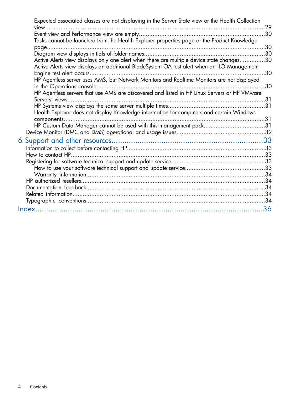 6 support and other resources, Index | HP OneView for Microsoft System Center User Manual | Page 4 / 37