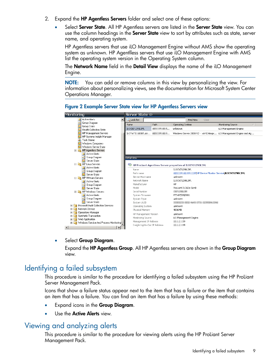 Identifying a failed subsystem, Viewing and analyzing alerts | HP OneView for Microsoft System Center User Manual | Page 9 / 37