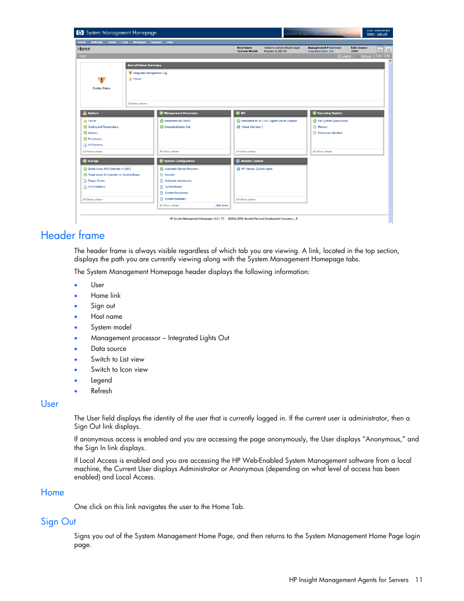 Header frame, User, Home | Sign out | HP ProLiant DL380 G5 Server User Manual | Page 11 / 98