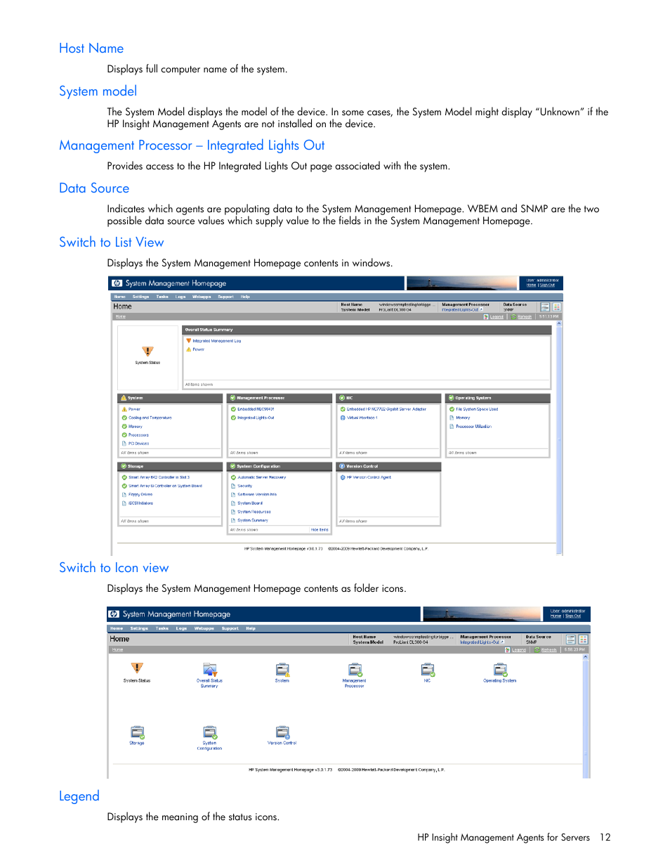 Host name, System model, Management processor – integrated lights out | Data source, Switch to list view, Switch to icon view, Legend | HP ProLiant DL380 G5 Server User Manual | Page 12 / 98