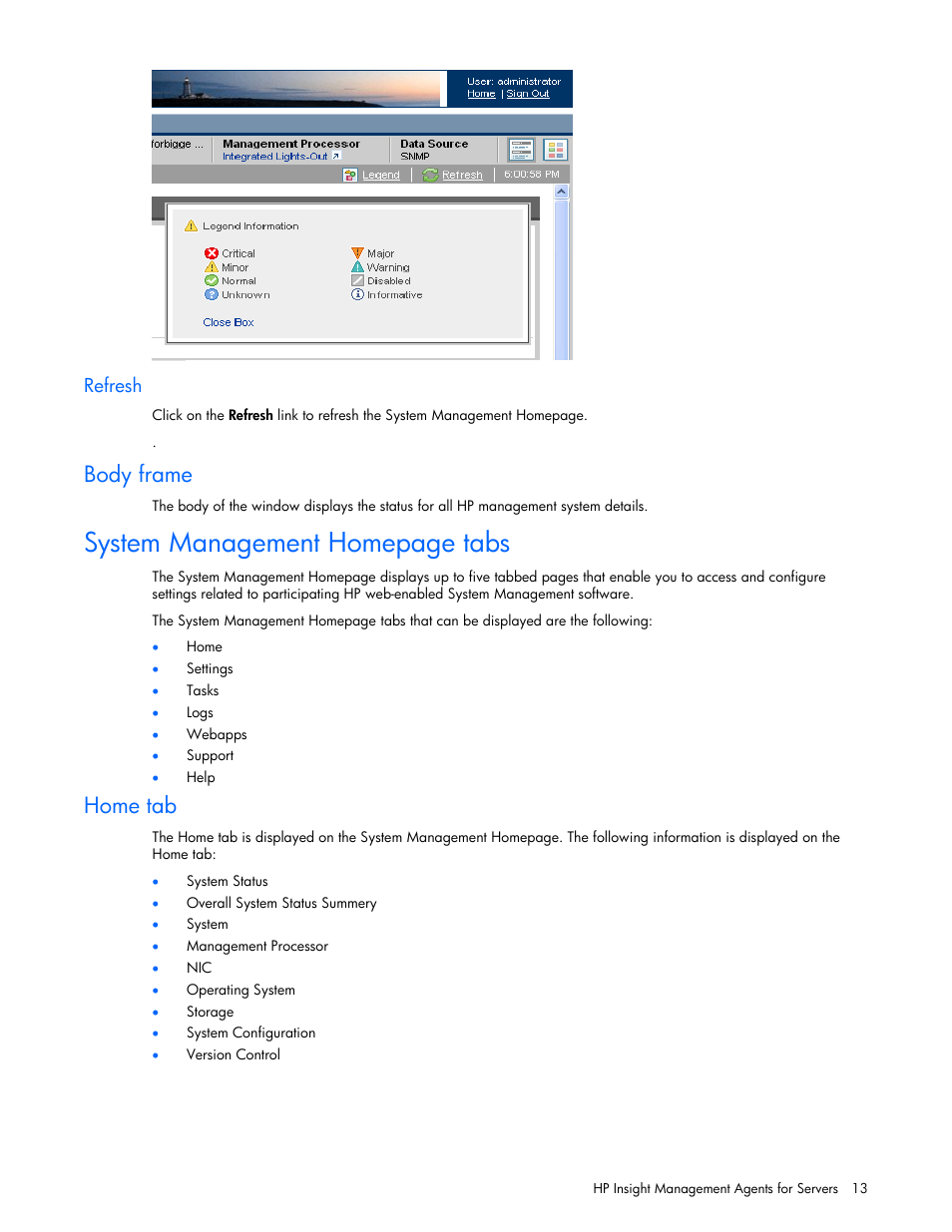 Refresh, Body frame, Home tab | System management homepage tabs | HP ProLiant DL380 G5 Server User Manual | Page 13 / 98