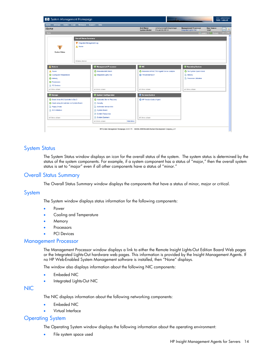 System status, Overall status summary, System | Management processor, Operating system | HP ProLiant DL380 G5 Server User Manual | Page 14 / 98