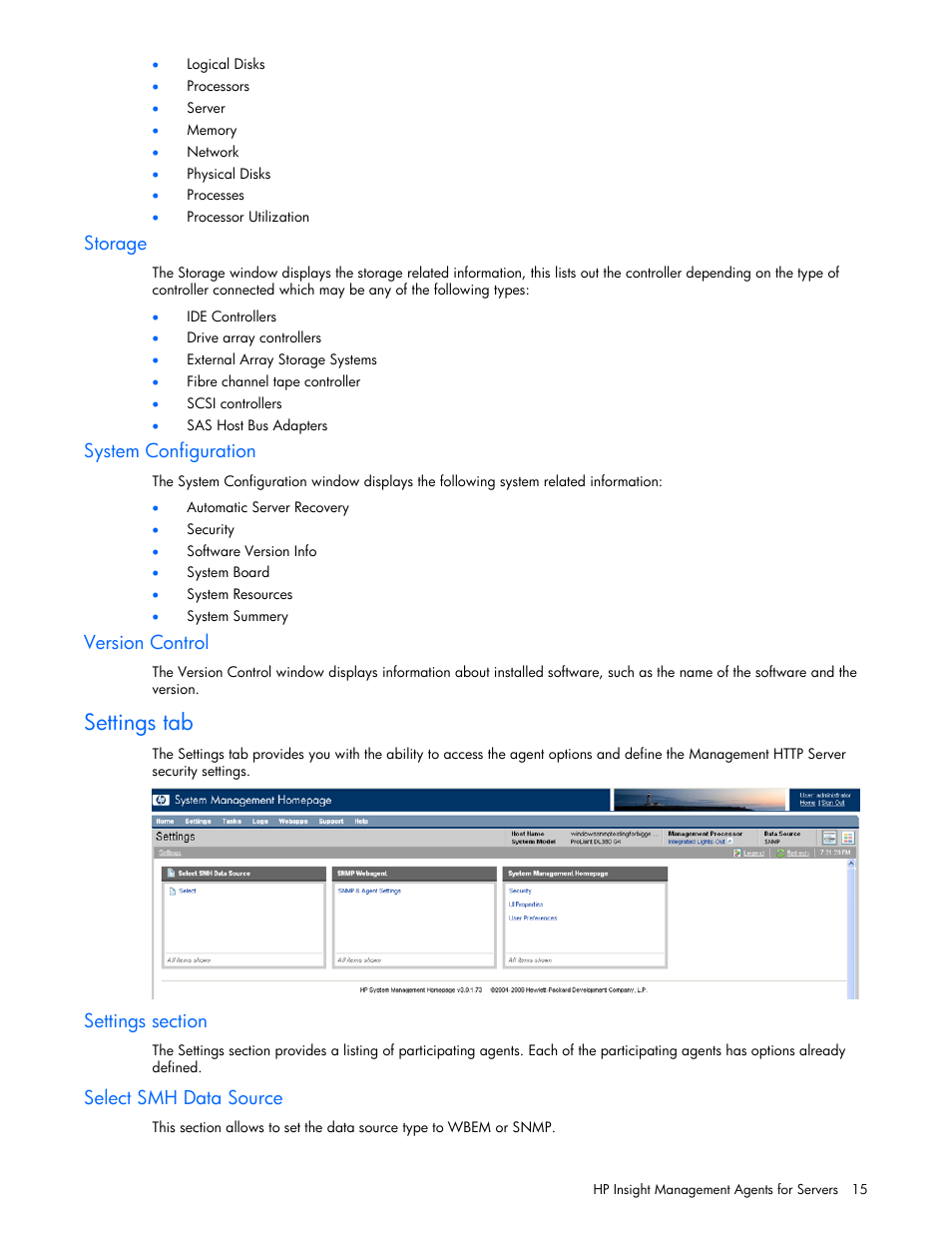 Storage, System configuration, Version control | Settings tab, Settings section, Select smh data source | HP ProLiant DL380 G5 Server User Manual | Page 15 / 98