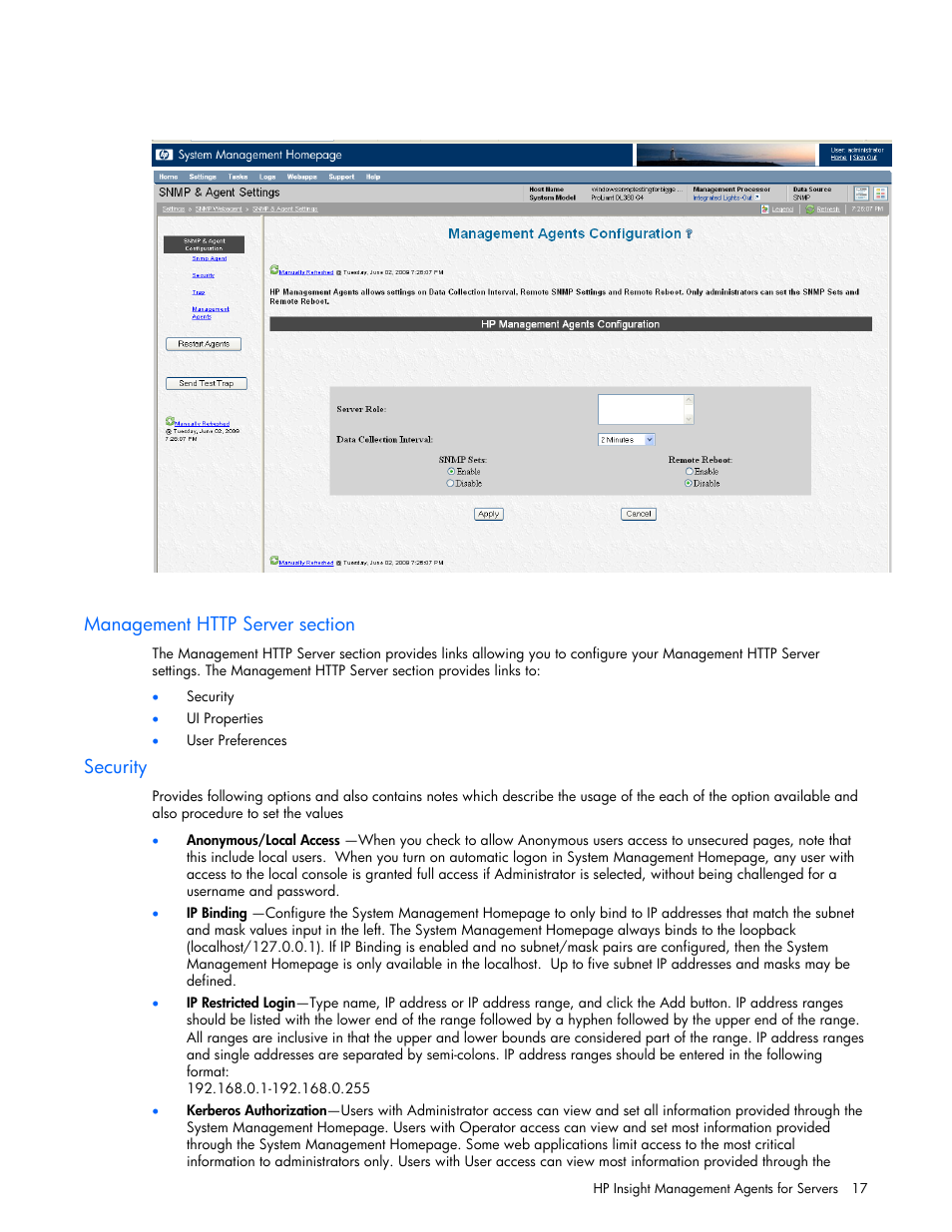 Management http server section, Security | HP ProLiant DL380 G5 Server User Manual | Page 17 / 98