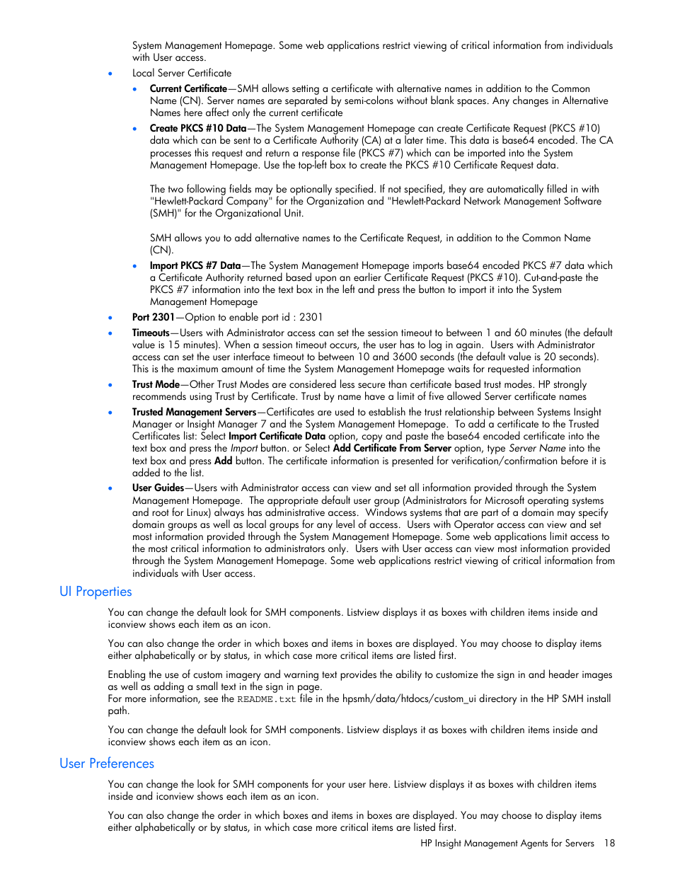 Ui properties, User preferences | HP ProLiant DL380 G5 Server User Manual | Page 18 / 98