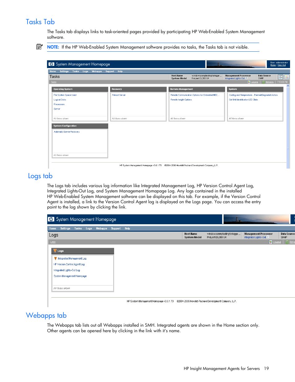 Tasks tab, Logs tab, Webapps tab | HP ProLiant DL380 G5 Server User Manual | Page 19 / 98