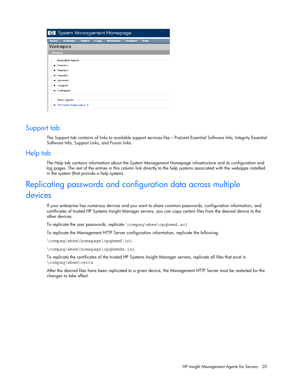 Support tab, Help tab | HP ProLiant DL380 G5 Server User Manual | Page 20 / 98