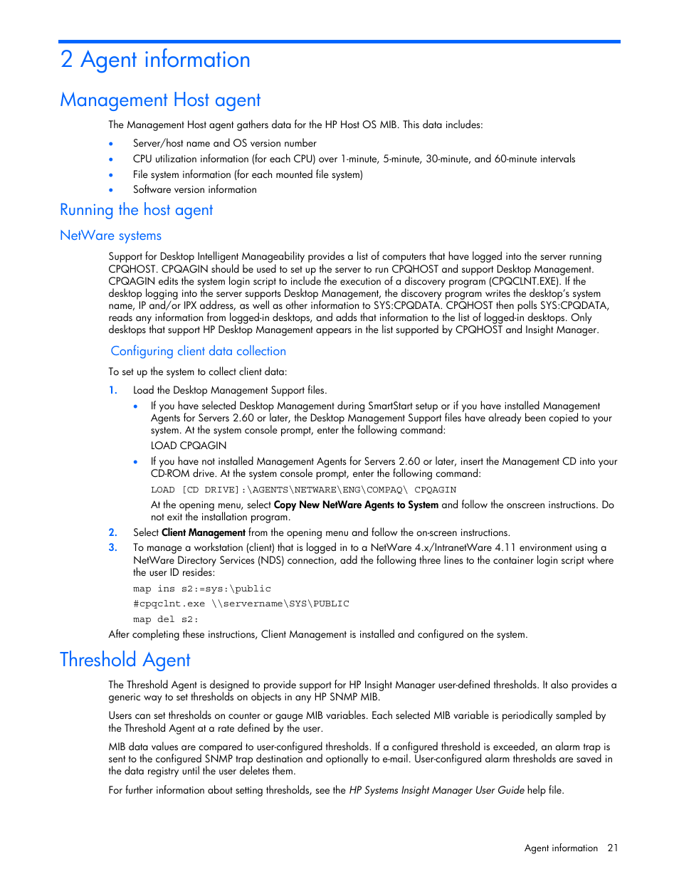 Agent information, Management host agent, Running the host agent | Netware systems, Threshold agent, 2 agent information | HP ProLiant DL380 G5 Server User Manual | Page 21 / 98