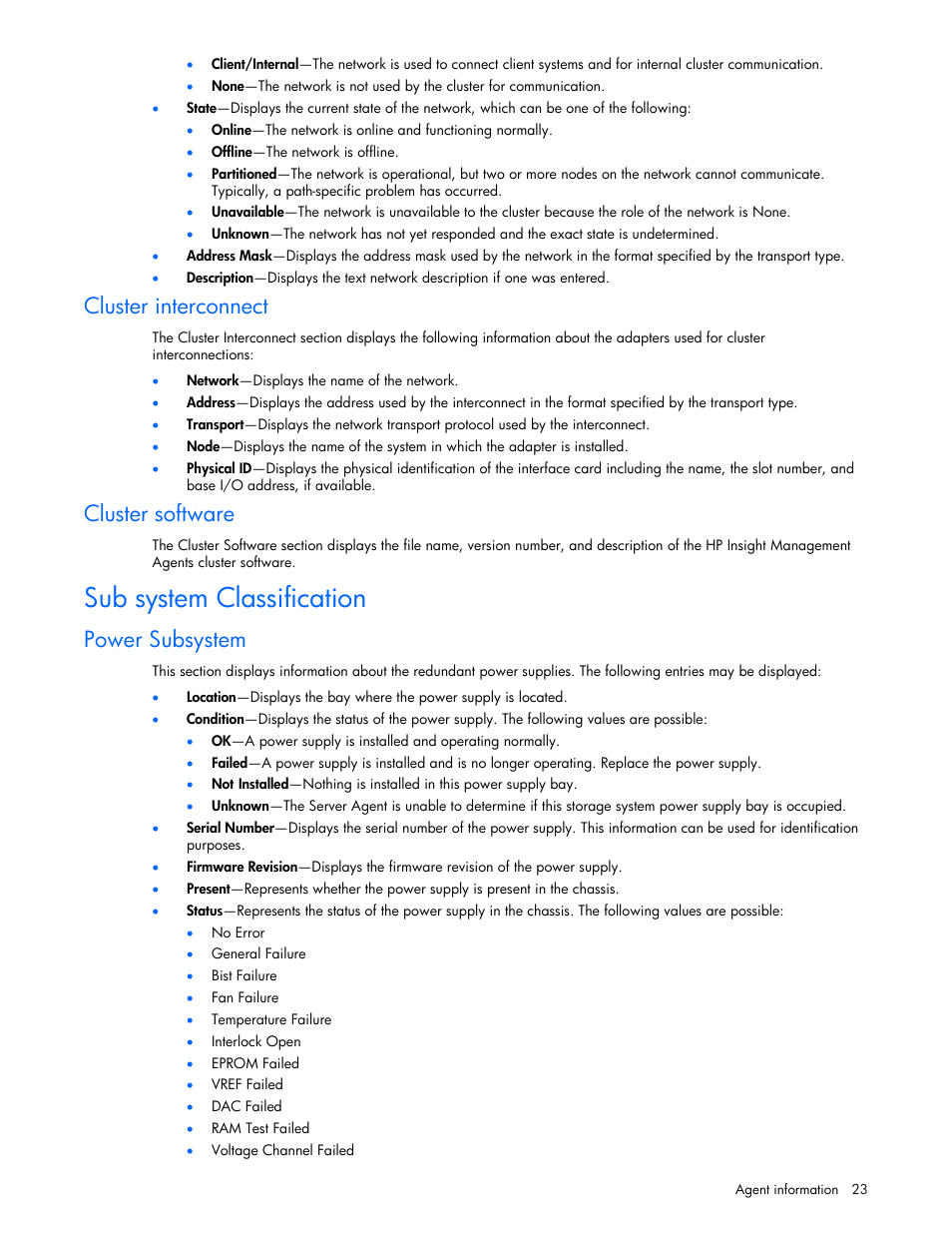 Cluster interconnect, Cluster software, Sub system classification | Power subsystem | HP ProLiant DL380 G5 Server User Manual | Page 23 / 98