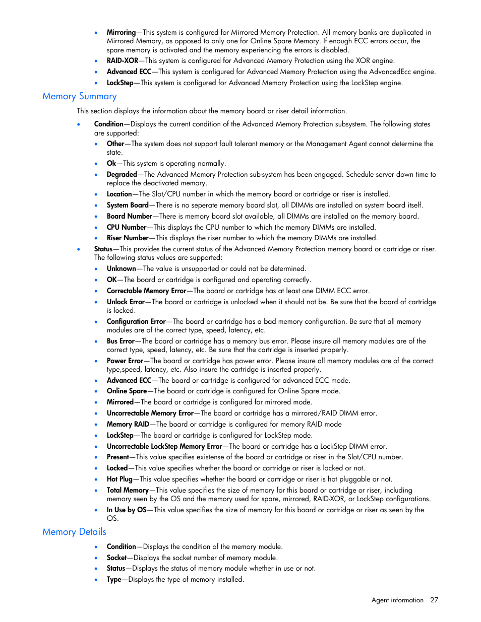 Memory summary, Memory details | HP ProLiant DL380 G5 Server User Manual | Page 27 / 98