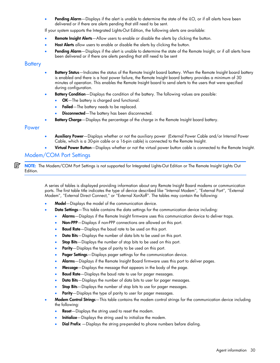 Battery, Power, Modem/com port settings | HP ProLiant DL380 G5 Server User Manual | Page 30 / 98