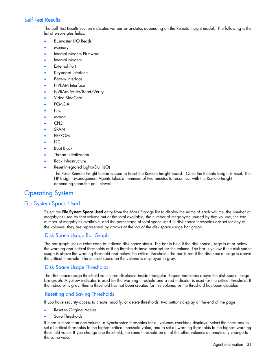 Self test results, Operating system, File system space used | HP ProLiant DL380 G5 Server User Manual | Page 31 / 98