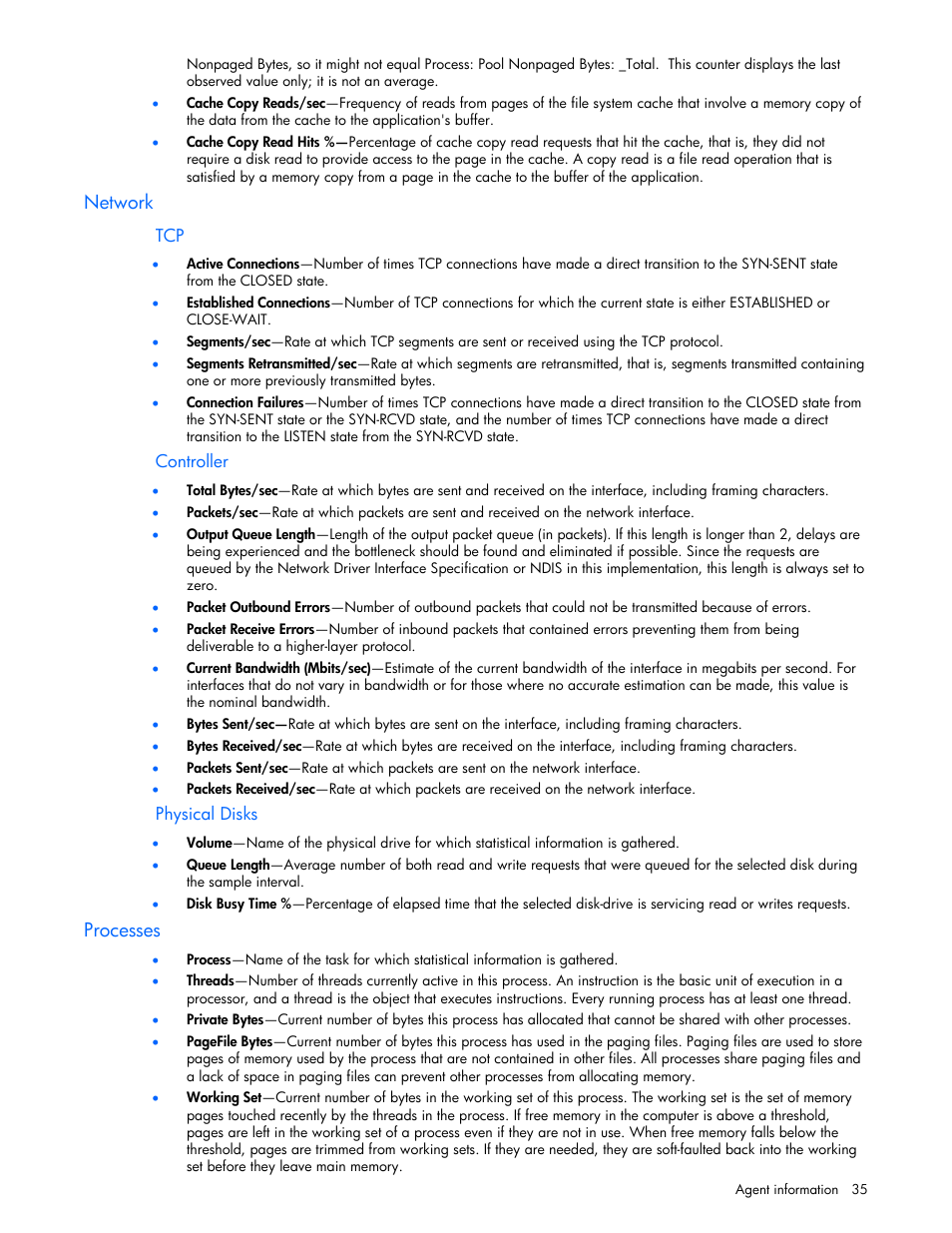 Network, Processes | HP ProLiant DL380 G5 Server User Manual | Page 35 / 98