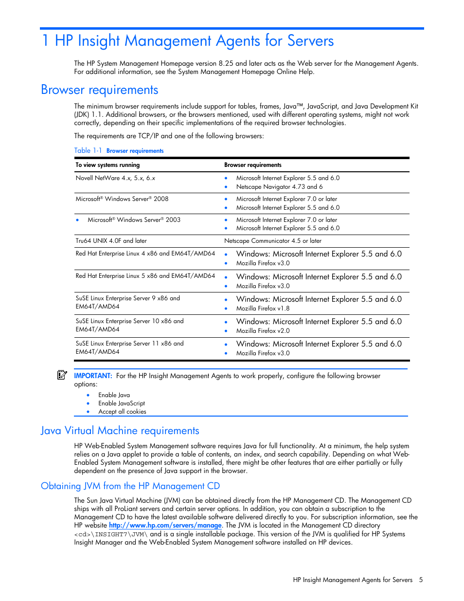 Hp insight management agents for servers, Browser requirements, Java virtual machine requirements | Obtaining jvm from the hp management cd, 1 hp insight management agents for servers | HP ProLiant DL380 G5 Server User Manual | Page 5 / 98