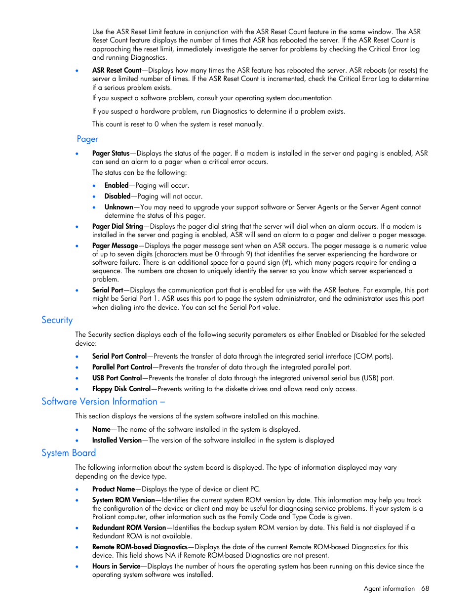 Security, Software version information, System board | HP ProLiant DL380 G5 Server User Manual | Page 68 / 98