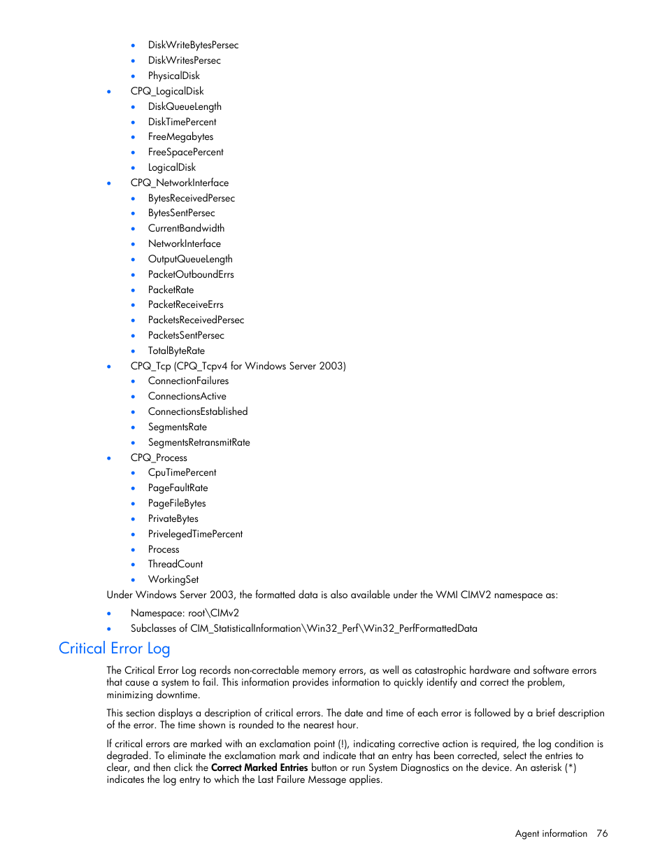 Critical error log | HP ProLiant DL380 G5 Server User Manual | Page 76 / 98