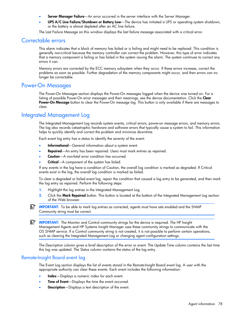 Correctable errors, Power-on messages, Integrated management log | Remote-insight board event log | HP ProLiant DL380 G5 Server User Manual | Page 78 / 98