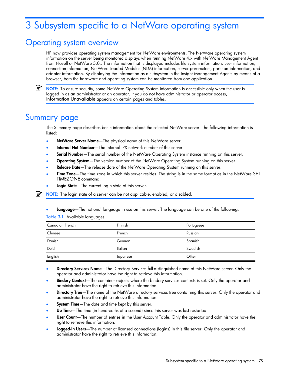 Subsystem specific to a netware operating system, Operating system overview, 3 subsystem specific to a netware operating system | Summary page | HP ProLiant DL380 G5 Server User Manual | Page 79 / 98