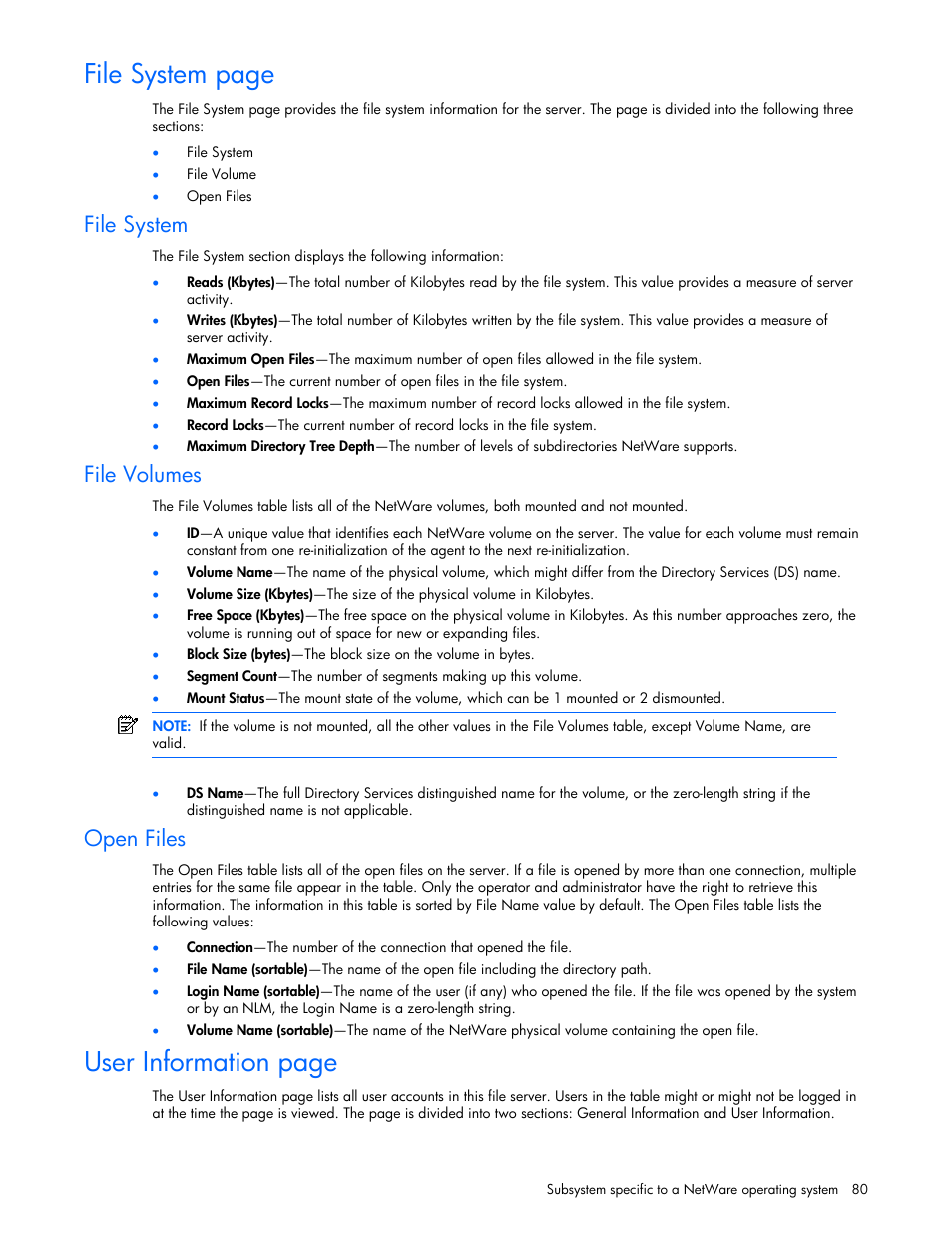 File system, File volumes, Open files | File system page, User information page | HP ProLiant DL380 G5 Server User Manual | Page 80 / 98